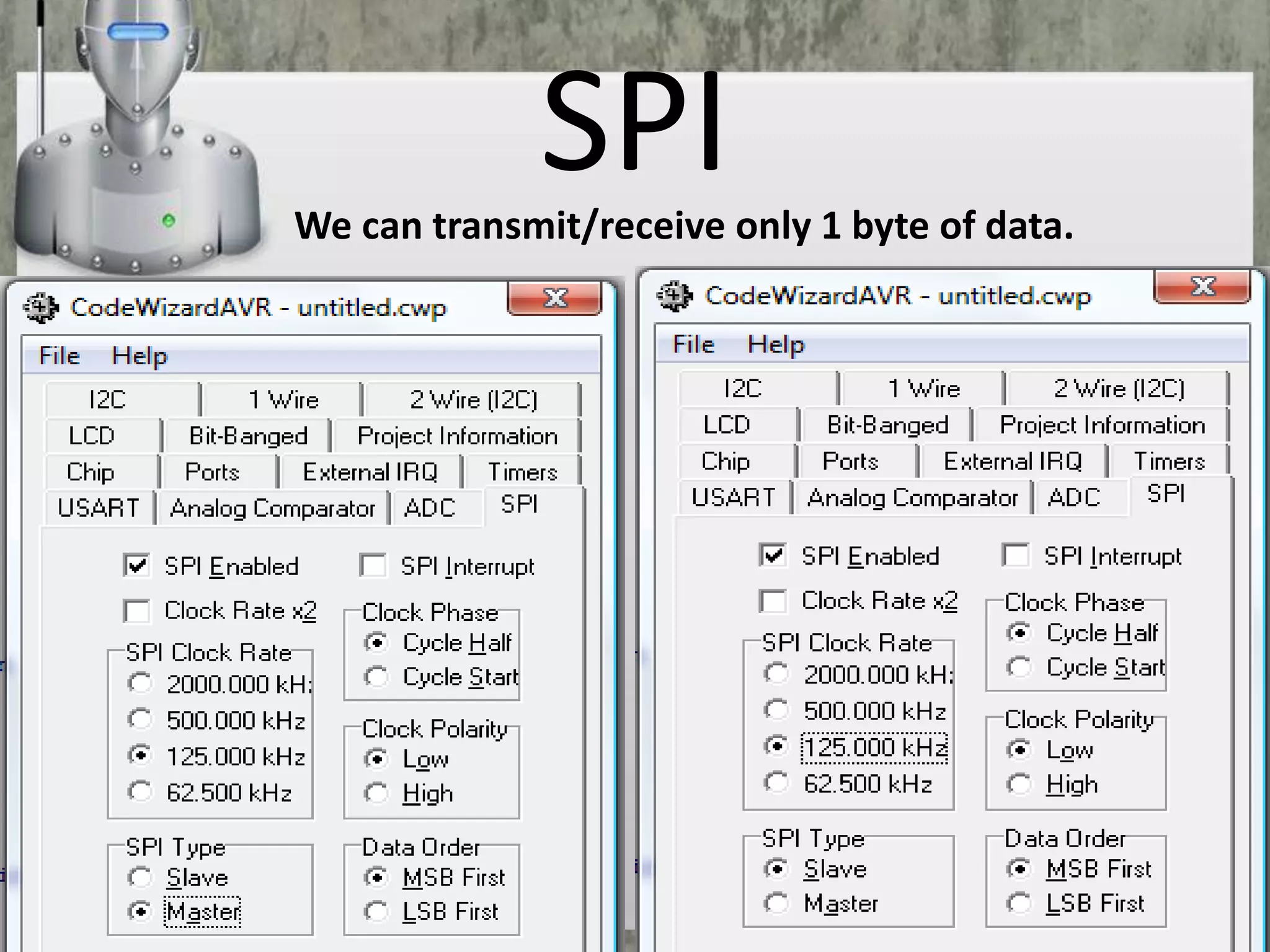 SPI

We can transmit/receive only 1 byte of data.

 