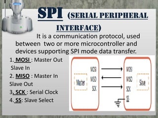SPI (serial peripheral
interface)

It is a communication protocol, used
between two or more microcontroller and
devices supporting SPI mode data transfer.
1. MOSI : Master Out
Slave In
2. MISO : Master In
Slave Out
3. SCK : Serial Clock
4. SS: Slave Select

 