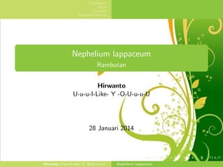 Perkenalan
Buah
Varietas
Klasiﬁkasi Ilmiah

Nephelium lappaceum
Rambutan
Hirwanto
U-u-u-I-Like- Y -O-U-u-u-U

28 Januari 2014

Hirwanto U-u-u-I-Like- Y -O-U-u-u-U

Nephelium lappaceum

 