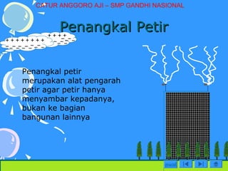CATUR ANGGORO AJI – SMP GANDHI NASIONAL

Penangkal Petir
Penangkal petir
merupakan alat pengarah
petir agar petir hanya
menyambar kepadanya,
bukan ke bagian
bangunan lainnya

awal

 