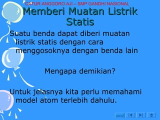 CATUR ANGGORO AJI – SMP GANDHI NASIONAL

Memberi Muatan Listrik
Statis
Suatu benda dapat diberi muatan
listrik statis dengan cara
menggosoknya dengan benda lain
Mengapa demikian?
Untuk jelasnya kita perlu memahami
model atom terlebih dahulu.
awal

 