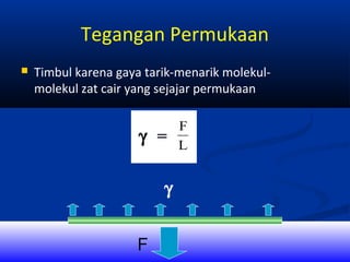 Tegangan Permukaan


Timbul karena gaya tarik-menarik molekulmolekul zat cair yang sejajar permukaan

γ =
γ
F

F
L

 