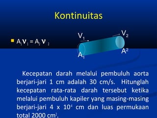 Kontinuitas


A 1 ν 1 = A2 ν 2

V1
A1

V2
A2

Kecepatan darah melalui pembuluh aorta
berjari-jari 1 cm adalah 30 cm/s. Hitunglah
kecepatan rata-rata darah tersebut ketika
melalui pembuluh kapiler yang masing-masing
berjari-jari 4 x 10-4 cm dan luas permukaan
total 2000 cm2.

 