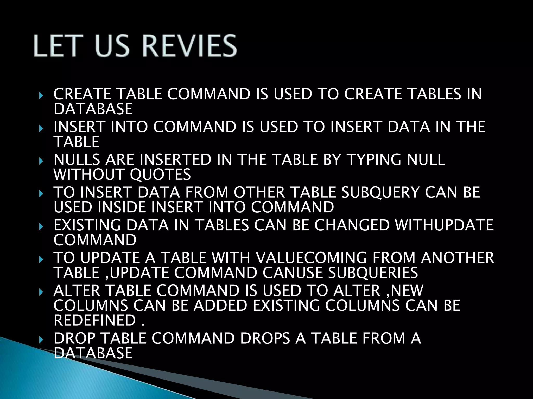 









CREATE TABLE COMMAND IS USED TO CREATE TABLES IN
DATABASE
INSERT INTO COMMAND IS USED TO INSERT DATA IN THE
TABLE
NULLS ARE INSERTED IN THE TABLE BY TYPING NULL
WITHOUT QUOTES
TO INSERT DATA FROM OTHER TABLE SUBQUERY CAN BE
USED INSIDE INSERT INTO COMMAND
EXISTING DATA IN TABLES CAN BE CHANGED WITHUPDATE
COMMAND
TO UPDATE A TABLE WITH VALUECOMING FROM ANOTHER
TABLE ,UPDATE COMMAND CANUSE SUBQUERIES
ALTER TABLE COMMAND IS USED TO ALTER ,NEW
COLUMNS CAN BE ADDED EXISTING COLUMNS CAN BE
REDEFINED .
DROP TABLE COMMAND DROPS A TABLE FROM A
DATABASE

 
