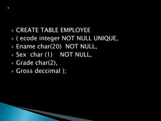 







CREATE TABLE EMPLOYEE
( ecode integer NOT NULL UNIQUE,
Ename char(20) NOT NULL,
Sex char (1) NOT NULL,
Grade char(2),
Gross deccimal );

 