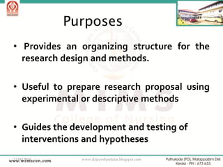 Purposes
• Provides an organizing structure for the
research design and methods.
• Useful to prepare research proposal using
experimental or descriptive methods

• Guides the development and testing of
interventions and hypotheses
2/18/2014

www.drjayeshpatidar.blogspot.com

12

 