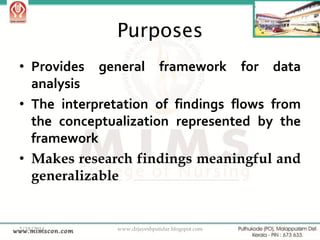 Purposes
• Provides general framework for data
analysis
• The interpretation of findings flows from
the conceptualization represented by the
framework
• Makes research findings meaningful and
generalizable

2/18/2014

www.drjayeshpatidar.blogspot.com

13

 