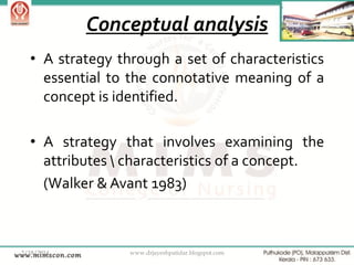 Conceptual analysis
• A strategy through a set of characteristics
essential to the connotative meaning of a
concept is identified.

• A strategy that involves examining the
attributes  characteristics of a concept.
(Walker & Avant 1983)

2/18/2014

www.drjayeshpatidar.blogspot.com

19

 