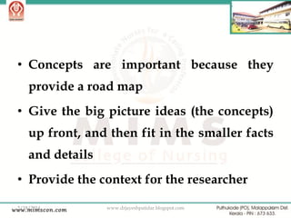 • Concepts are important because they
provide a road map
• Give the big picture ideas (the concepts)
up front, and then fit in the smaller facts
and details
• Provide the context for the researcher
2/18/2014

www.drjayeshpatidar.blogspot.com

24

 