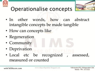Operationalise concepts
• In other words, how can abstract
intangible concepts be made tangible
• How can concepts like
• Regeneration
• Community
• Deprivation
• Local etc be recognized , assessed,
measured or counted
2/18/2014

www.drjayeshpatidar.blogspot.com

32

 