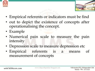• Empirical referents or indicators must be find
• out to depict the existence of concepts after
operationalising the concept.
• Example
• Numerical pain scale to measure the pain
intensity
• Depression scale to measure depression etc
• Empirical referents is a means of
measurement of concepts
2/18/2014

www.drjayeshpatidar.blogspot.com

33

 