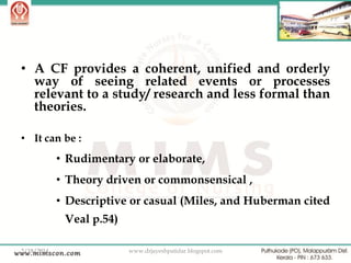 • A CF provides a coherent, unified and orderly
way of seeing related events or processes
relevant to a study/ research and less formal than
theories.
• It can be :

• Rudimentary or elaborate,
• Theory driven or commonsensical ,

• Descriptive or casual (Miles, and Huberman cited
Veal p.54)
2/18/2014

www.drjayeshpatidar.blogspot.com

7

 