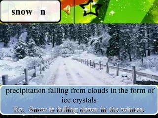 snow n

precipitation falling from clouds in the form of
ice crystals

 