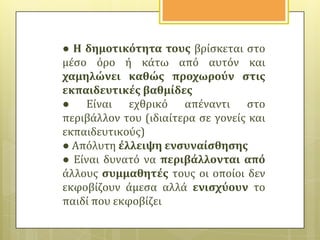 ● Η δημοτικότητα τουσ βρύςκεται ςτο
μϋςο όρο ό κϊτω από αυτόν και
χαμηλώνει καθώσ προχωρούν ςτισ
εκπαιδευτικϋσ βαθμύδεσ
● Εύναι εχθρικό απϋναντι ςτο
περιβϊλλον του (ιδιαύτερα ςε γονεύσ και
εκπαιδευτικούσ)
● Απόλυτη ϋλλειψη ενςυναύςθηςησ
● Εύναι δυνατό να περιβϊλλονται από
ϊλλουσ ςυμμαθητϋσ τουσ οι οπούοι δεν
εκφοβύζουν ϊμεςα αλλϊ ενιςχύουν το
παιδύ που εκφοβύζει

 