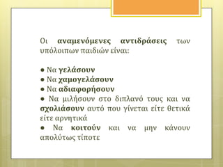 Οι αναμενόμενεσ αντιδρϊςεισ
υπόλοιπων παιδιών εύναι:

των

● Να γελϊςουν
● Να χαμογελϊςουν
● Να αδιαφορόςουν
● Να μιλόςουν ςτο διπλανό τουσ και να
ςχολιϊςουν αυτό που γύνεται εύτε θετικϊ
εύτε αρνητικϊ
● Να κοιτούν και να μην κϊνουν
απολύτωσ τύποτε

 