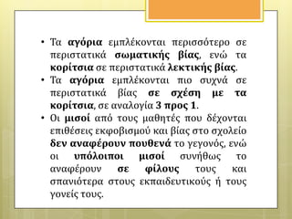 • Τα αγόρια εμπλϋκονται περιςςότερο ςε
περιςτατικϊ ςωματικόσ βύασ, ενώ τα
κορύτςια ςε περιςτατικϊ λεκτικόσ βύασ.
• Τα αγόρια εμπλϋκονται πιο ςυχνϊ ςε
περιςτατικϊ βύασ ςε ςχϋςη με τα
κορύτςια, ςε αναλογύα 3 προσ 1.
• Οι μιςού από τουσ μαθητϋσ που δϋχονται
επιθϋςεισ εκφοβιςμού και βύασ ςτο ςχολεύο
δεν αναφϋρουν πουθενϊ το γεγονόσ, ενώ
οι υπόλοιποι μιςού ςυνόθωσ το
αναφϋρουν
ςε
φύλουσ
τουσ
και
ςπανιότερα ςτουσ εκπαιδευτικούσ ό τουσ
γονεύσ τουσ.

 