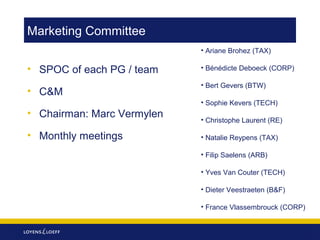 Marketing Committee
• Ariane Brohez (TAX)

• SPOC of each PG / team
• C&M

• Bénédicte Deboeck (CORP)
• Bert Gevers (BTW)
• Sophie Kevers (TECH)

• Chairman: Marc Vermylen
• Monthly meetings

• Christophe Laurent (RE)
• Natalie Reypens (TAX)
• Filip Saelens (ARB)
• Yves Van Couter (TECH)
• Dieter Veestraeten (B&F)
• France Vlassembrouck (CORP)

 