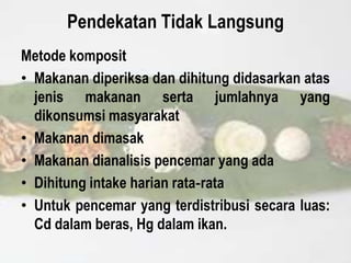 Pendekatan Tidak Langsung
Metode komposit
• Makanan diperiksa dan dihitung didasarkan atas
jenis makanan serta jumlahnya yang
dikonsumsi masyarakat
• Makanan dimasak
• Makanan dianalisis pencemar yang ada
• Dihitung intake harian rata‐rata
• Untuk pencemar yang terdistribusi secara luas:
Cd dalam beras, Hg dalam ikan.
 