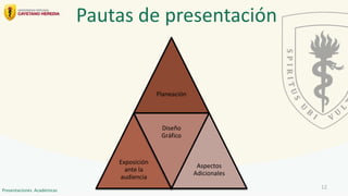 Planeación
Exposición
ante la
audiencia
Diseño
Gráfico
Aspectos
Adicionales
Pautas de presentación
12
Presentaciones Académicas
 