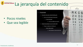 • Pocos niveles
• Que sea legible
La jerarquía del contenido
14
Presentaciones Académicas
 