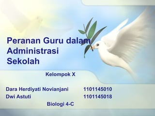 Peranan Guru dalam
Administrasi
Sekolah
Kelompok X
Dara Herdiyati Novianjani 1101145010
Dwi Astuti 1101145018
Biologi 4-C
 