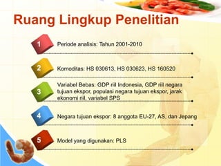 Ruang Lingkup Penelitian
4
Periode analisis: Tahun 2001-20101
2
3
5
Komoditas: HS 030613, HS 030623, HS 160520
Variabel Bebas: GDP riil Indonesia, GDP riil negara
tujuan ekspor, populasi negara tujuan ekspor, jarak
ekonomi riil, variabel SPS
Negara tujuan ekspor: 8 anggota EU-27, AS, dan Jepang
Model yang digunakan: PLS
 