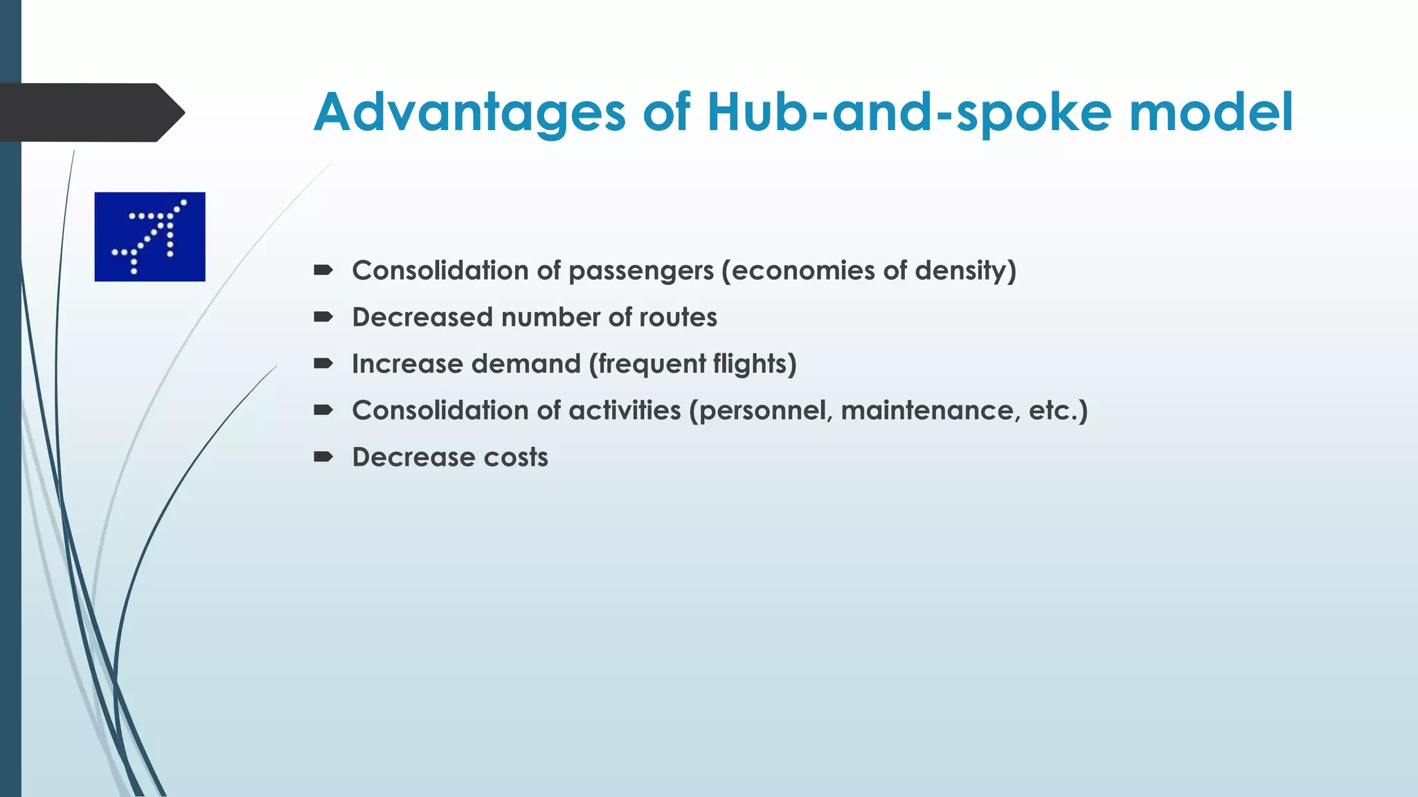 Advantages of Hub-and-spoke model
 Consolidation of passengers (economies of density)
 Decreased number of routes
 Increase demand (frequent flights)
 Consolidation of activities (personnel, maintenance, etc.)
 Decrease costs
 