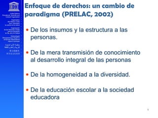 Enfoque de derechos: un cambio de
paradigma (PRELAC, 2002)
• .
• De los insumos y la estructura a las
personas.
• De la mera transmisión de conocimiento
al desarrollo integral de las personas
• De la homogeneidad a la diversidad.
• De la educación escolar a la sociedad
educadora
 