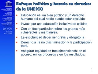 • Educación es un bien público y un derecho
humano del cual nadie puede estar excluido
• Invoca por una educación inclusiva de calidad
• Con un foco particular sobre los grupos más
vulnerables y marginales.
• La escolaridad deber ser gratis y obligatoria
• Derecho a la no discriminación y la participación
total.
• Asegurar equidad en tres dimensiones: en el
acceso, en los procesos y en los resultados.
Enfoque holístico y basado en derechosEnfoque holístico y basado en derechos
de la UNESCOde la UNESCO
 