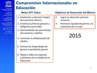 Compromisos Internacionales en
Educación
Objetivos de Desarrollo del Milenio
2. Lograr la educación primaria
universal
3. Promover equidad de género y la
autonomía de la mujer
1. Ampliación y atención integral
de la primera infancia
2. Enseñanza primaria gratuita y
obligatoria para todos
3. Oportunidades de aprendizajes
para jóvenes y adultos
4. Aumentar la alfabetización de
adultos
5. Eliminar las disparidades de
genero y equidad de género
6. Mejorar todos los aspectos
cualitativos de la Calidad de la
Educación
Metas EPT Dakar
2015
 