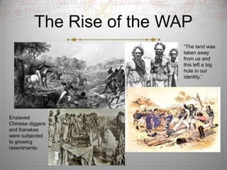 The Rise of the WAP
“The land was
taken away
from us and
this left a big
hole in our
identity.”
Enslaved
Chinese diggers
and Kanakas
were subjected
to growing
resentments.
 