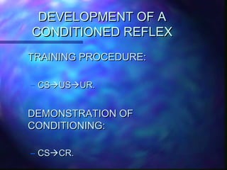 DEVELOPMENT OF ADEVELOPMENT OF A
CONDITIONED REFLEXCONDITIONED REFLEX
TRAINING PROCEDURE:TRAINING PROCEDURE:
– CSCSUSUSUR.UR.
DEMONSTRATION OFDEMONSTRATION OF
CONDITIONING:CONDITIONING:
– CSCSCR.CR.
 