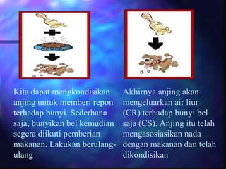 Kita dapat mengkondisikan
anjing untuk memberi repon
terhadap bunyi. Sederhana
saja, bunyikan bel kemudian
segera diikuti pemberian
makanan. Lakukan berulang-
ulang
Akhirnya anjing akan
mengeluarkan air liur
(CR) terhadap bunyi bel
saja (CS). Anjing itu telah
mengasosiasikan nada
dengan makanan dan telah
dikondisikan
 