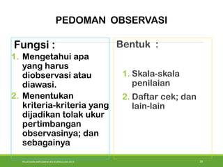 PELATIHAN IMPLEMENTASI KURIKULUM 2013 18
Fungsi :
1. Mengetahui apa
yang harus
diobservasi atau
diawasi.
2. Menentukan
kriteria-kriteria yang
dijadikan tolak ukur
pertimbangan
observasinya; dan
sebagainya
Bentuk :
1. Skala-skala
penilaian
2. Daftar cek; dan
lain-lain
PEDOMAN OBSERVASI
 