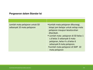 PELATIHAN IMPLEMENTASI KURIKULUM 2013 16
Pergeseran dalam Standar Isi
Jumlah mata pelajaran untuk SD
sebanyak 10 mata pelajaran
Jumlah mata pelajaran dikurangi,
tetapi jam belajar untuk setiap mata
pelajaran maupun keseluruhan
ditambah.
 Jumlah mata pelajaran di SD kelas 1
s.d kelas 3 sebanyak 6 mata
pelajaran, kelas 4 s.d kelas 6
sebanyak 8 mata pelajaran.
Jumlah mata pelajaran di SMP 10
mata pelajaran
 