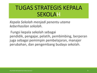 PELATIHAN IMPLEMENTASI KURIKULUM 2013 8
TUGAS STRATEGIS KEPALA
SEKOLAH
Kepala Sekolah menjadi penentu utama
keberhasilan sekolah.
Fungsi kepala sekolah sebagai
pendidik, pengajar, pelatih, pembimbing, berperan
juga sebagai pemimpin pembelajaran, manajer
perubahan, dan pengembang budaya sekolah.
 