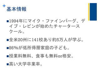 +
基本情報	
 
n 1994年にマイク・ファインバーグ、デ
イブ・レビンが始めたチャータース
クール。
n 全米20州に141校あり約5万人が学ぶ。
n 86％が低所得層家庭の子ども。
n 授業料無料、食事も無料or格安。
n 高い大学卒業率。
	
 
 