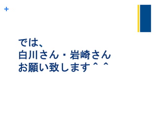 +
では、
白川さん・岩崎さん
お願い致します＾＾	
 
 