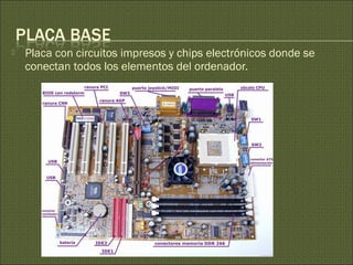  Placa con circuitos impresos y chips electrónicos donde se
conectan todos los elementos del ordenador.
 