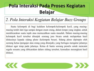 Pola Interaksi Pada Proses Kegiatan
Belajar
2. Pola Interaksi Kegiatan Belajar Buzz Groups
Suatu kelompok di bagi kedalam kelompok-kelompok kecil, yang masing-
masing terdiri dari tiga sampai dengan enam orang, dalam tempo yang singkat, untuk
membicarakan suatu topik atau memecahkan suatu masalah. Dalam masing-masing
kelompok kecil tersebut ditunjuk seorang juru bicara untuk melaporkan hasil
diskusinya kepada sidang pleno (kelompok besar). Sidang pleno dipimpin oleh
seorang ketua (pengajar atau orang yang ditunjuk), yang bertugas mengatur jalannya
diskusi agar tetap pada jalurnya. Ketua di bantu seorang penulis untuk mencatat
segala sesuatu yang dibicarakan dalam sidang tersebut, kemudian merangkum hasil
diskusi.
 