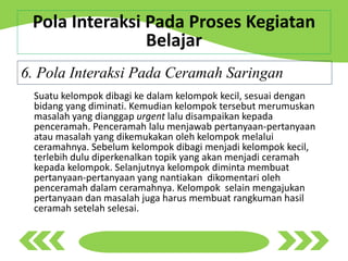 Suatu kelompok dibagi ke dalam kelompok kecil, sesuai dengan
bidang yang diminati. Kemudian kelompok tersebut merumuskan
masalah yang dianggap urgent lalu disampaikan kepada
penceramah. Penceramah lalu menjawab pertanyaan-pertanyaan
atau masalah yang dikemukakan oleh kelompok melalui
ceramahnya. Sebelum kelompok dibagi menjadi kelompok kecil,
terlebih dulu diperkenalkan topik yang akan menjadi ceramah
kepada kelompok. Selanjutnya kelompok diminta membuat
pertanyaan-pertanyaan yang nantiakan dikomentari oleh
penceramah dalam ceramahnya. Kelompok selain mengajukan
pertanyaan dan masalah juga harus membuat rangkuman hasil
ceramah setelah selesai.
6. Pola Interaksi Pada Ceramah Saringan
Pola Interaksi Pada Proses Kegiatan
Belajar
 