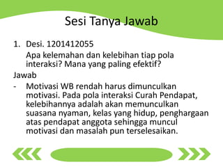 Sesi Tanya Jawab
1. Desi. 1201412055
Apa kelemahan dan kelebihan tiap pola
interaksi? Mana yang paling efektif?
Jawab
- Motivasi WB rendah harus dimunculkan
motivasi. Pada pola interaksi Curah Pendapat,
kelebihannya adalah akan memunculkan
suasana nyaman, kelas yang hidup, penghargaan
atas pendapat anggota sehingga muncul
motivasi dan masalah pun terselesaikan.
 