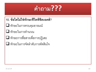 คาถาม???
10. ข้อใดไม่ใช่ทักษะชีวิตพิชิตเอดส์?
 ทักษะในกำรควบคุมอำรมณ์
 ทักษะในกำรคำนวณ
 ทักษะกำรสื่อสำรเพื่อกำรปฏิเสธ
 ทักษะในกำรจัดลำดับกำรตัดสินใจ
21-Jul-14 63
 