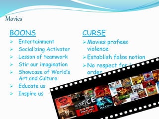 Movies
BOONS
 Entertainment
 Socializing Activator
 Lesson of teamwork
 Stir our imagination
 Showcase of World’s
Art and Culture
 Educate us
 Inspire us
CURSE
Movies profess
violence
Establish false notion
No respect for law &
order
 