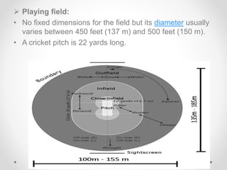  Playing field:
• No fixed dimensions for the field but its diameter usually
varies between 450 feet (137 m) and 500 feet (150 m).
• A cricket pitch is 22 yards long.
 