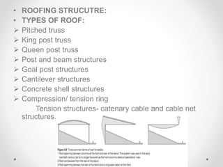 • ROOFING STRUCUTRE:
• TYPES OF ROOF:
 Pitched truss
 King post truss
 Queen post truss
 Post and beam structures
 Goal post structures
 Cantilever structures
 Concrete shell structures
 Compression/ tension ring
Tension structures- catenary cable and cable net
structures.
 