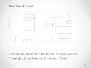 • Coaches’ Offices
• It should be adjacent to the teams’ dressing rooms.
• There should be 2 rooms of minimum 24m2.
 