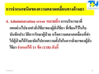 การจาแนกชนิดของความคลาดเคลื่อนทางด้านยา
4. Administration error หมายถึง การบริหารยาที่
แตกต่างไปจากคาสั่งใช้ยาของผู้สั่งใช้ยา ที่เขียนไว้ในใบ
บันทึกประวัติการรักษาผู้ป่ วย หรือความคลาดเคลื่อนที่ทา
ให้ผู้ป่ วยได้รับยาผิดไปจากความตั้งใจในการสั่งยาของผู้สั่ง
ใช้ยา จาแนกได้ 11 ข้อ (11R) ดังนี้
15-Aug-14 14
 