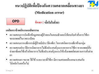 แนวปฏิบัติเพื่อป้ องกันความคลาดเคลื่อนทางยา
(Medication error)
ห้องยา : เมื่อรับใบสั่งยา
เภสัชกร/เจ้าพนักงานเภสัชกรรม
• ตรวจสอบการบันทึกข้อมูลของผู้ป่วยลงในคอมพิวเตอร์เทียบกับคาสั่งการใช้ยา
ของแพทย์ในเวชระเบียน
• ตรวจสอบการแพ้ยากรณีผู้ป่วยมีประวัติแพ้ยา โอกาสเกิดการแพ้ยาข้ามกลุ่ม
• ตรวจสอบประวัติการเกิดอาการไม่พึงประสงค์รุนแรงจากการใช้ยา หากแพทย์สั่ง
จ่ายยาที่เคยใช้แล้วเกิดอาการไม่พึงประสงค์รุนแรงให้แจ้งแพทย์ทบทวนการสั่งจ่าย
ยา
• ตรวจสอบยา ขนาด วิธีใช้ระยะเวลาที่ใช้ยา มีความสอดคล้องเหมาะสมกับ
วินิจฉัยโรคหรือไม่
15-Aug-14 20
OPD
 