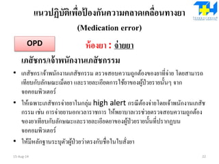 แนวปฏิบัติเพื่อป้ องกันความคลาดเคลื่อนทางยา
(Medication error)
ห้องยา : จ่ายยา
เภสัชกร/เจ้าพนักงานเภสัชกรรม
• เภสัชกร/เจ้าพนักงานเภสัชกรรม ตรวจสอบความถูกต้องของยาที่จ่าย โดยสามารถ
เทียบกับลักษณะเม็ดยา และรายละเอียดการใช้ยาของผู้ป่วยรายนั้นๆ จาก
จอคอมพิวเตอร์
• ให้เฉพาะเภสัชกรจ่ายยาในกลุ่ม high alert กรณีต้องจ่ายโดยเจ้าพนักงานเภสัช
กรรม เช่น การจ่ายยานอกเวลาราชการ ให้พยาบาลเวรช่วยตรวจสอบความถูกต้อง
ของยาเทียบกับลักษณะและรายละเอียดยาของผู้ป่วยรายนั้นที่ปรากฏบน
จอคอมพิวเตอร์
• ให้มีหลักฐานระบุตัวผู้ป่วยว่าตรงกับชื่อในใบสั่งยา
15-Aug-14 22
OPD
 